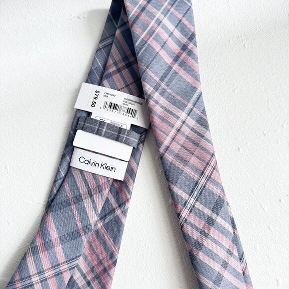 Calvin Klein Grey Pink Plaid Skinny Tie - Picture 4 of 5